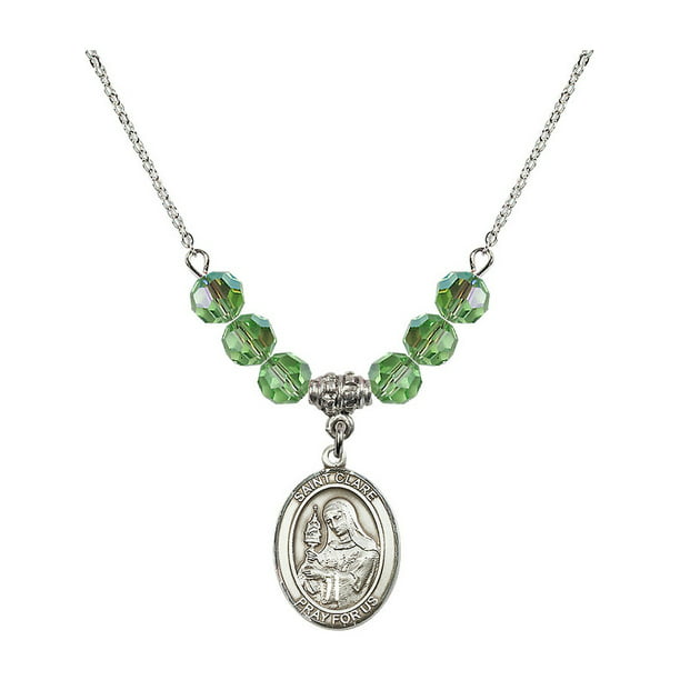 Bonyak Jewelry 18 Inch Rhodium Plated Necklace w/ 6mm Green August Birth Month Stone Beads and Saint Clare of Assisi Charm 